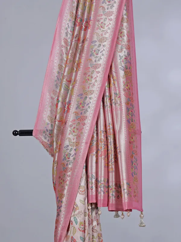 Light pink shimmer dola silk saree with floral print