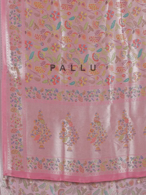 Light pink shimmer dola silk saree with floral print