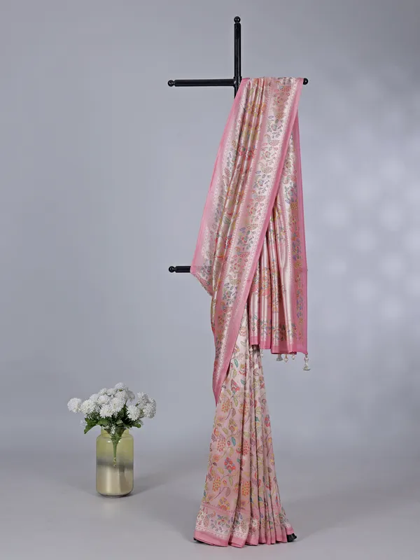Light pink shimmer dola silk saree with floral print