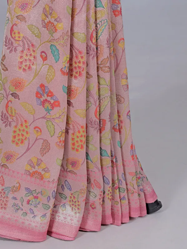 Light pink shimmer dola silk saree with floral print