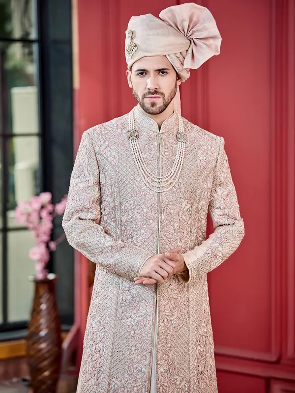 Light pink silk fabricated peshwahi style sherwani