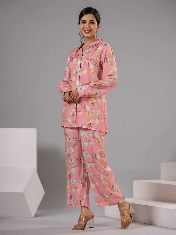 Light pink silk floral printed co ord set