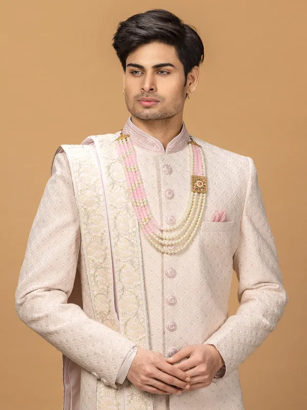 Light pink silk groom sherwani