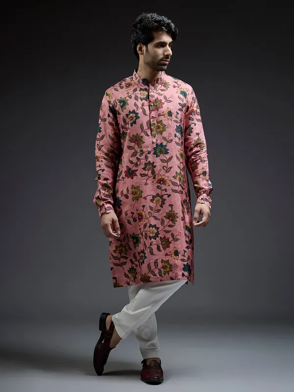 Light pink silk kurta suit in pataudi print for men