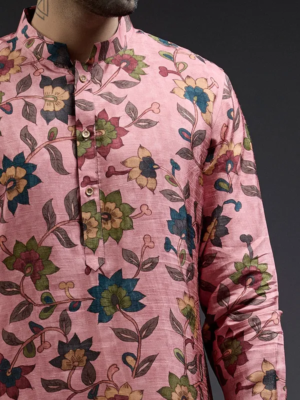 Light pink silk kurta suit in pataudi print for men