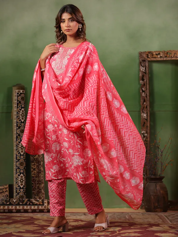 Light pink silk printed kurti set for women