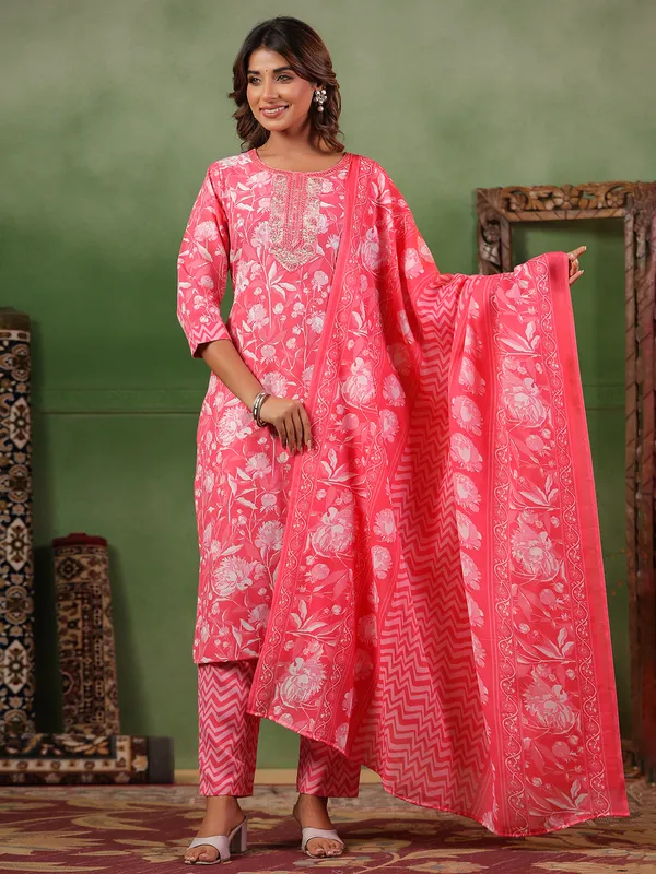 Light pink silk printed kurti set for women