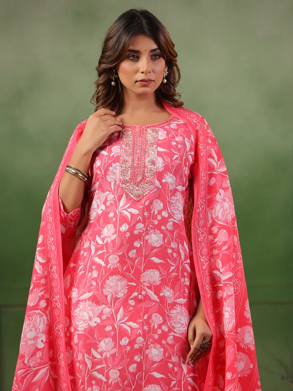 Light pink silk printed kurti set for women