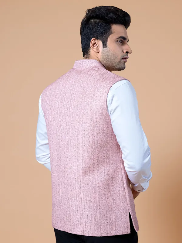 Light pink silk resham work waistcoat