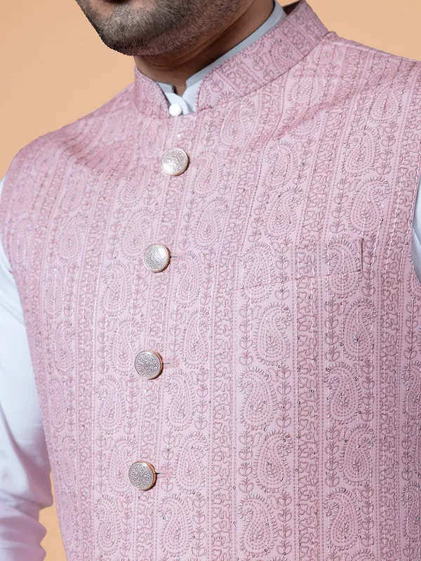Light pink silk resham work waistcoat
