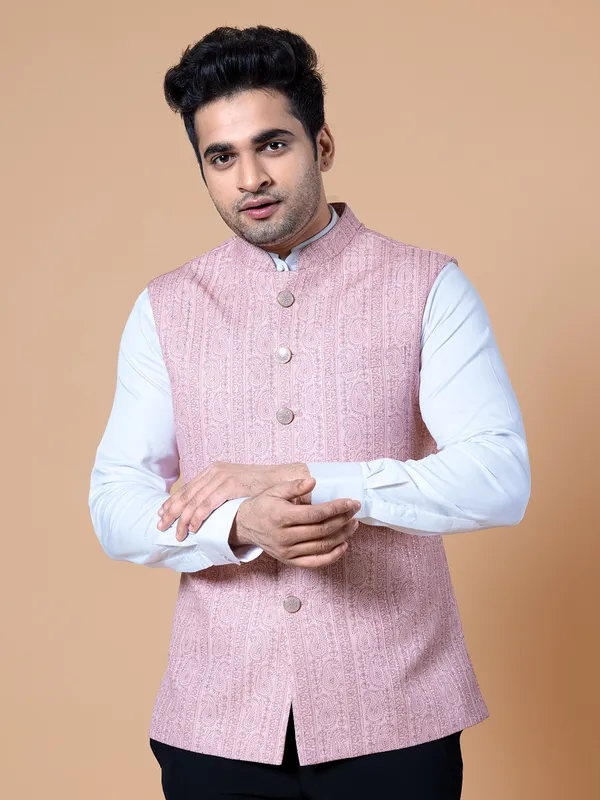 Light pink silk resham work waistcoat
