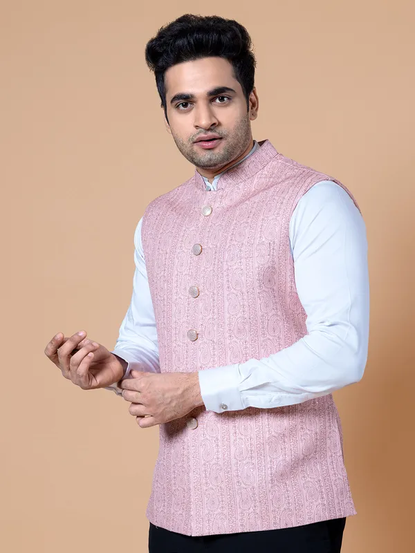 Light pink silk resham work waistcoat