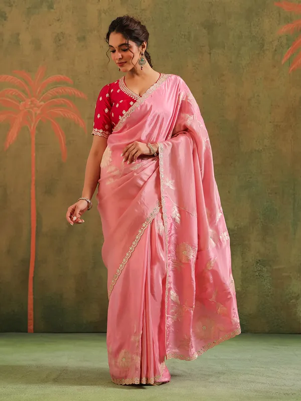 Light pink silk saree with red accents wedding wear