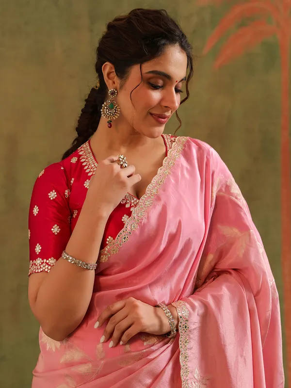 Light pink silk saree with red accents wedding wear