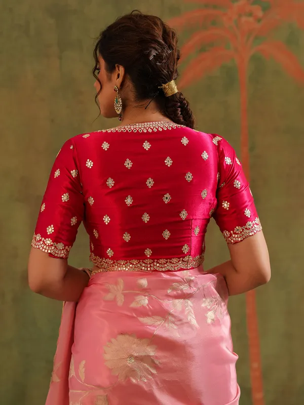 Light pink silk saree with red accents wedding wear