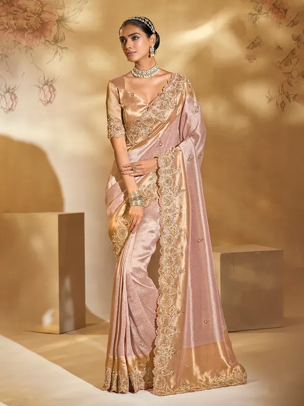 Light pink silk saree with resham work