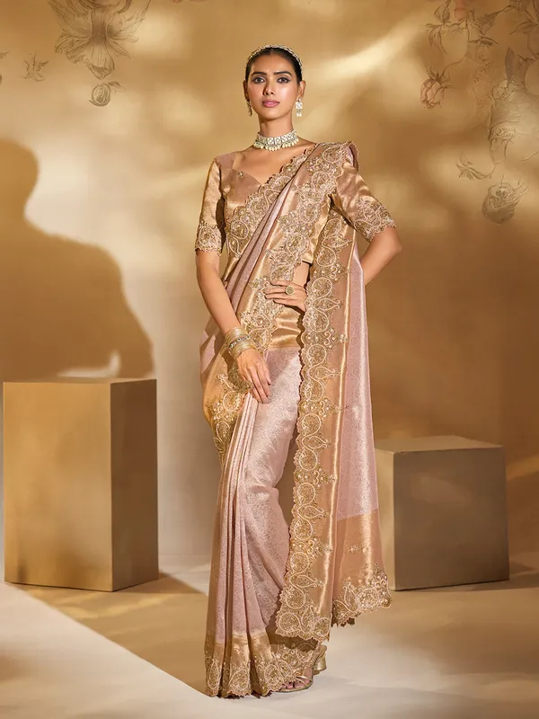 Light pink silk saree with resham work