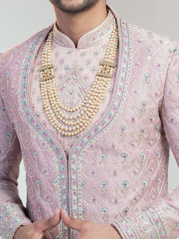 Light pink silk sherwani for groom