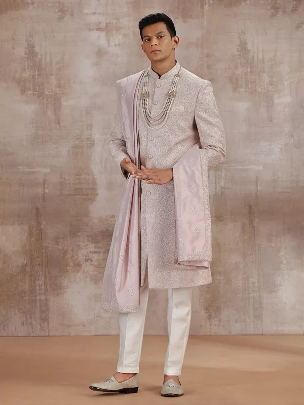 Light pink silk sherwani with dupatta for wedding