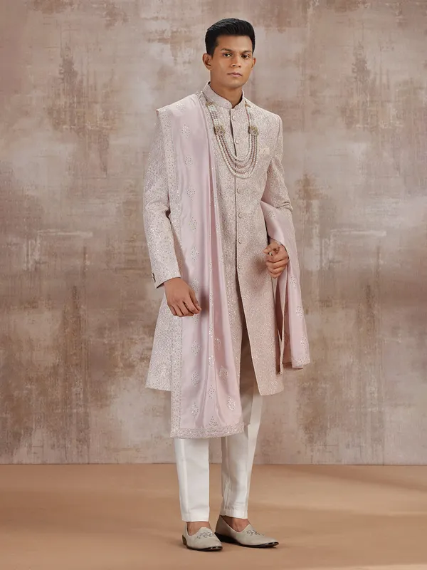Light pink silk sherwani with dupatta for wedding