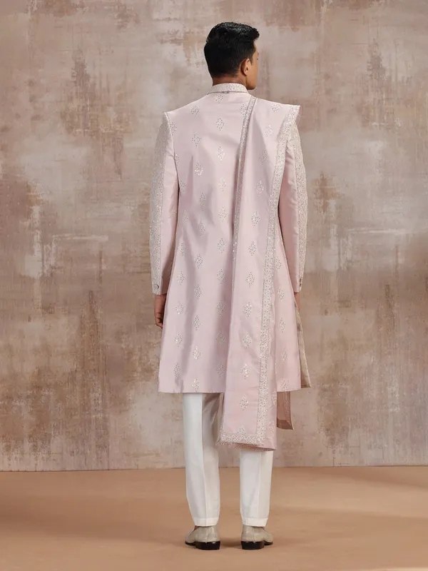 Light pink silk sherwani with dupatta for wedding