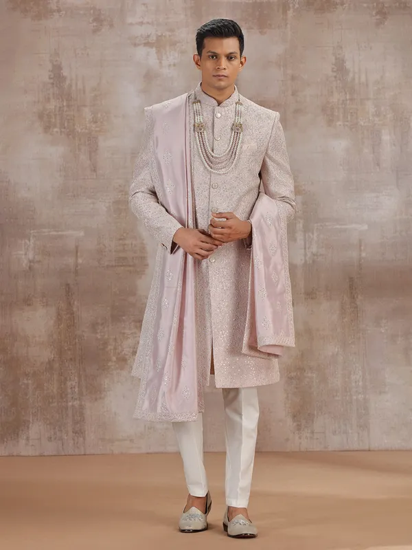 Light pink silk sherwani with dupatta for wedding
