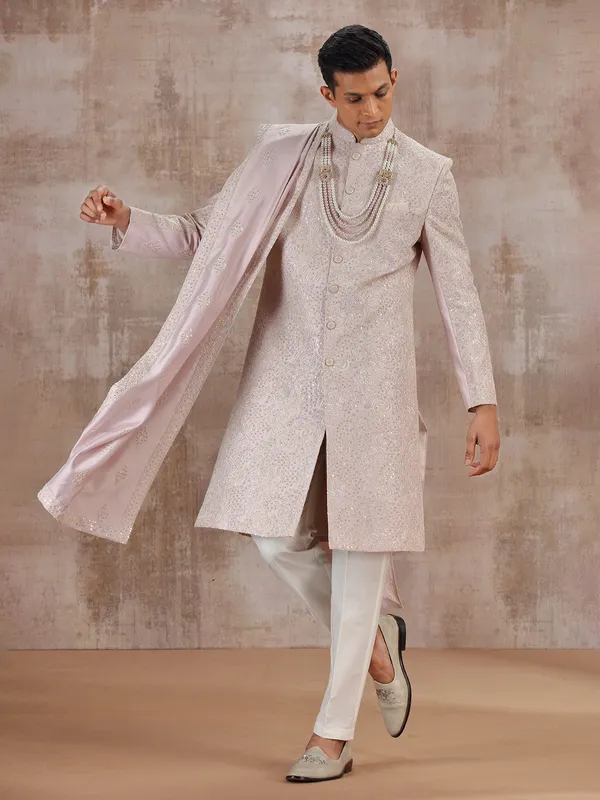 Light pink silk sherwani with dupatta for wedding