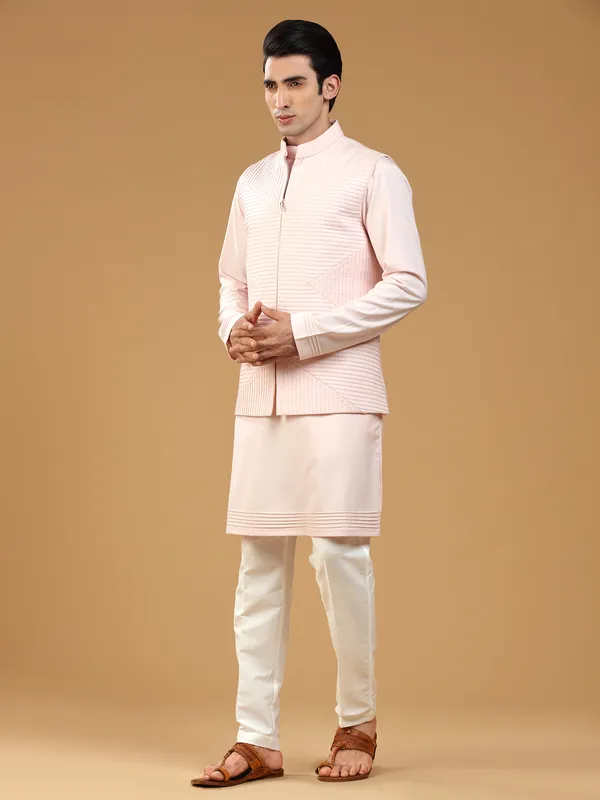 Light pink silk textured waistcoat set