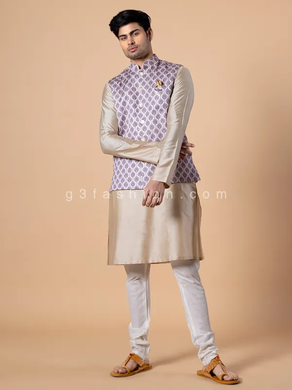 Light pink silk waistcoat set in printed pattern