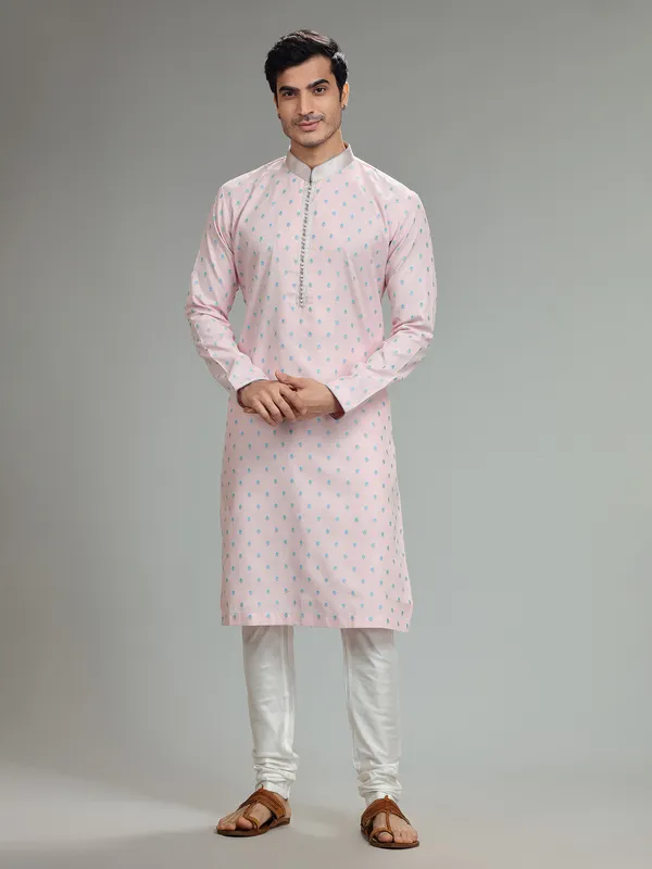 Light pink silk weaving kurta suit