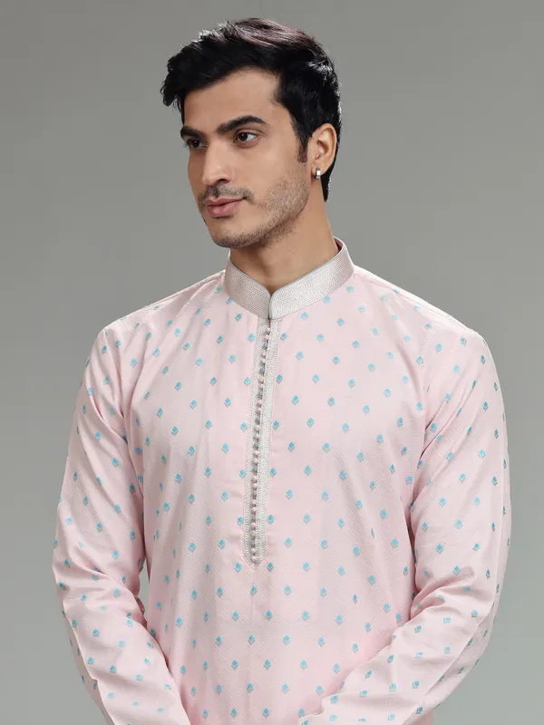Light pink silk weaving kurta suit