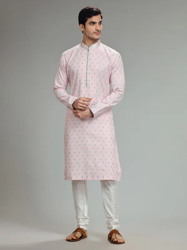 Light pink silk weaving kurta suit