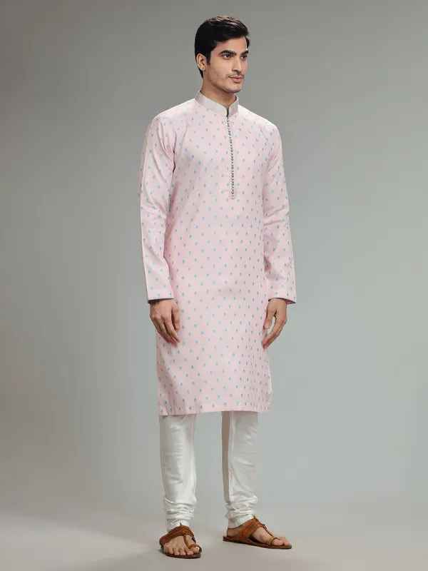 Light pink silk weaving kurta suit