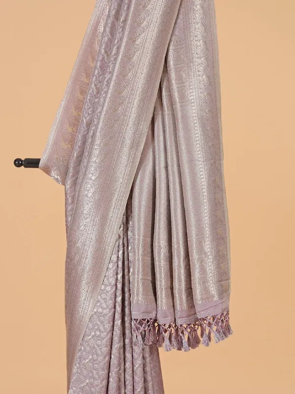 Light pink silk wedding saree with zari work