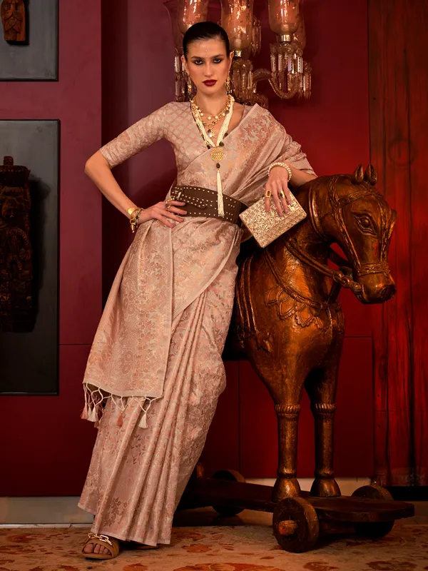 Light pink silk zari weaving saree