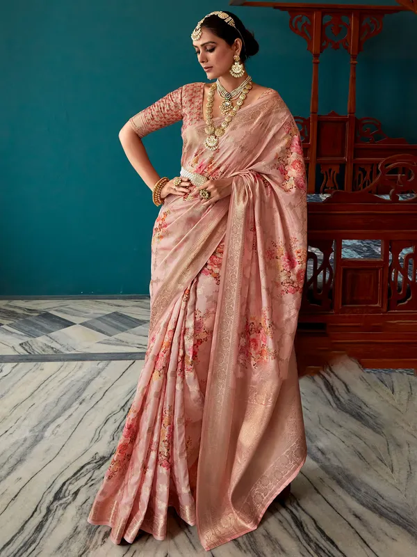 Light pink soft silk floral printed saree