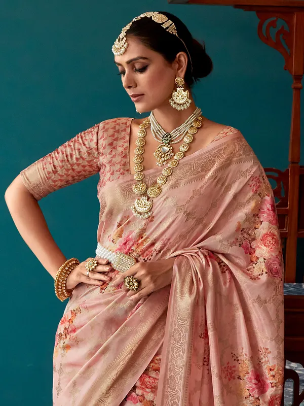 Light pink soft silk floral printed saree