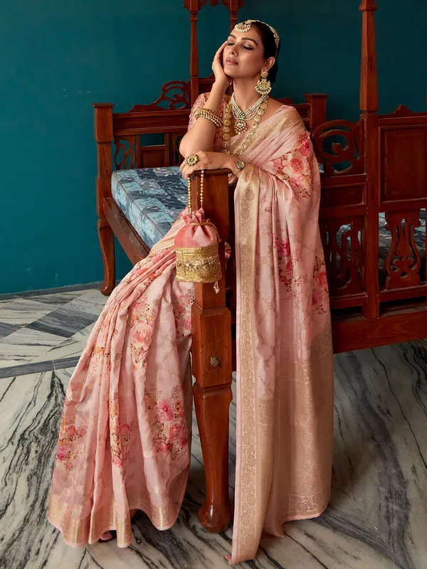 Light pink soft silk floral printed saree