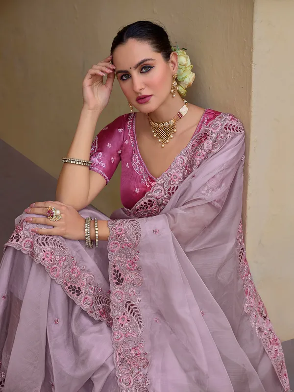 Light pink tissue organza silk saree