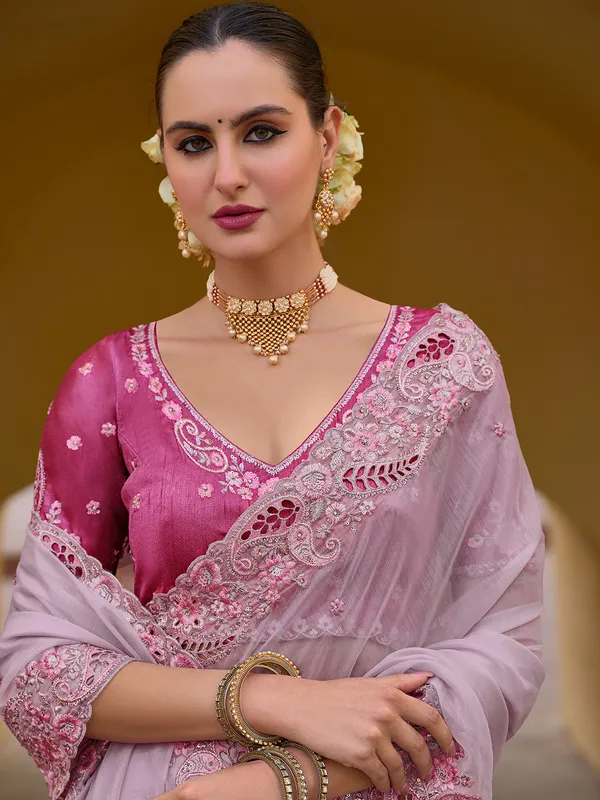 Light pink tissue organza silk saree