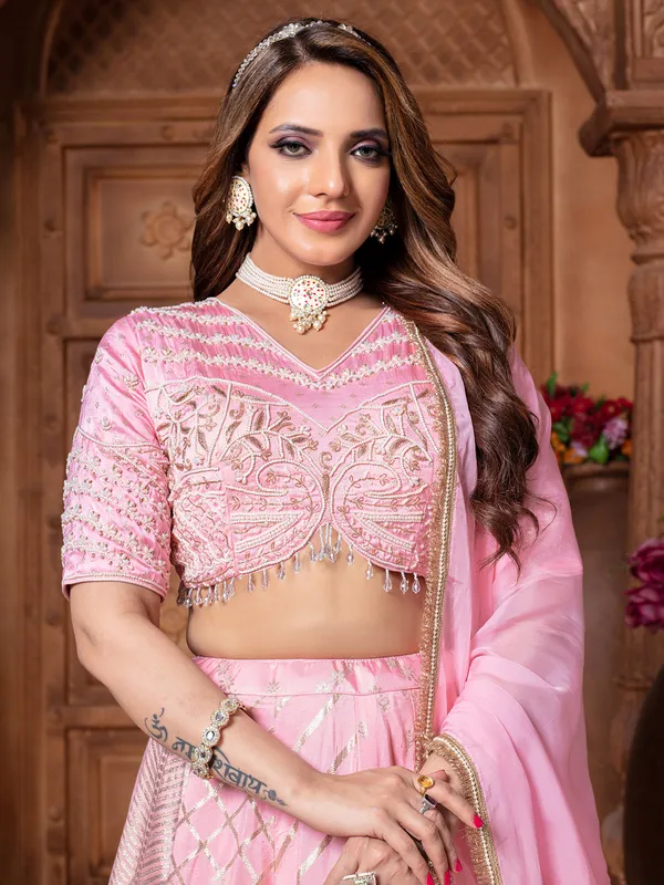 Light pink tissue silk lehenga choli with dupatta