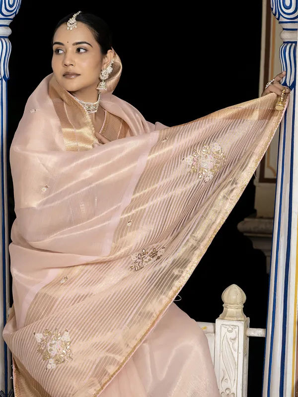 Light pink tissue silk saree with gota detailing
