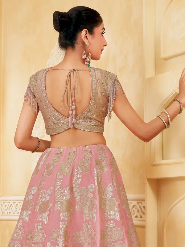 Light pink wedding wear silk lehenga choli with zari glow