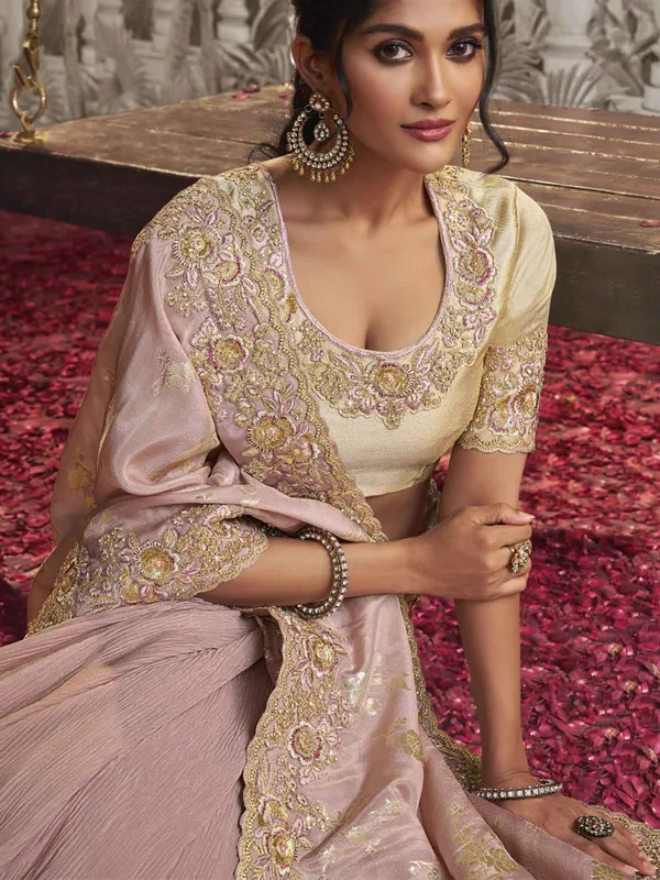 Light pink zari worked silk saree