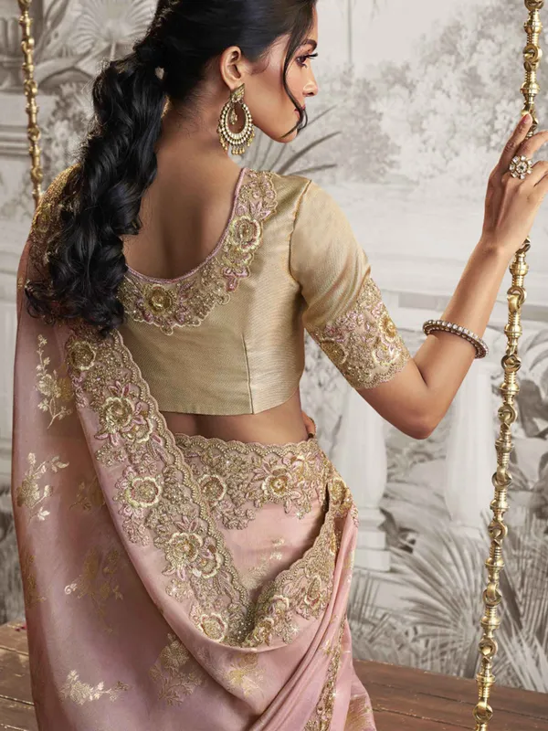 Light pink zari worked silk saree
