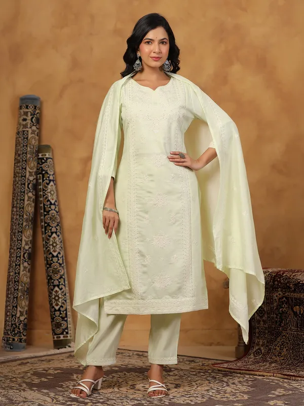 Light pista green cotton silk kurti set