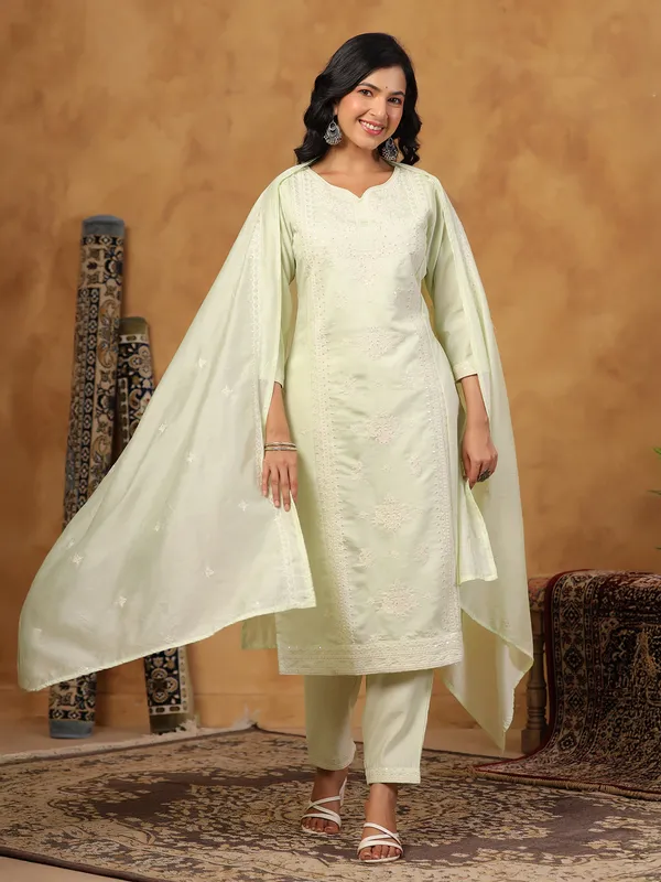 Light pista green cotton silk kurti set