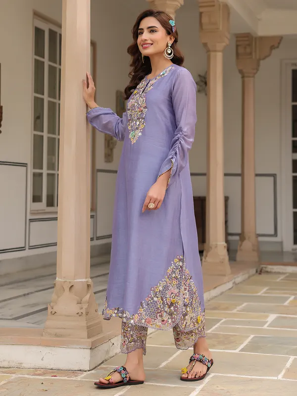 Light purple chanderi silk kurti set for women