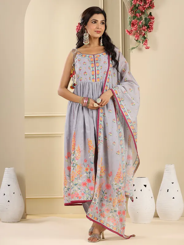 Light purple cotton printed kurti set