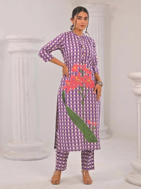Light purple cotton silk kurti set for women